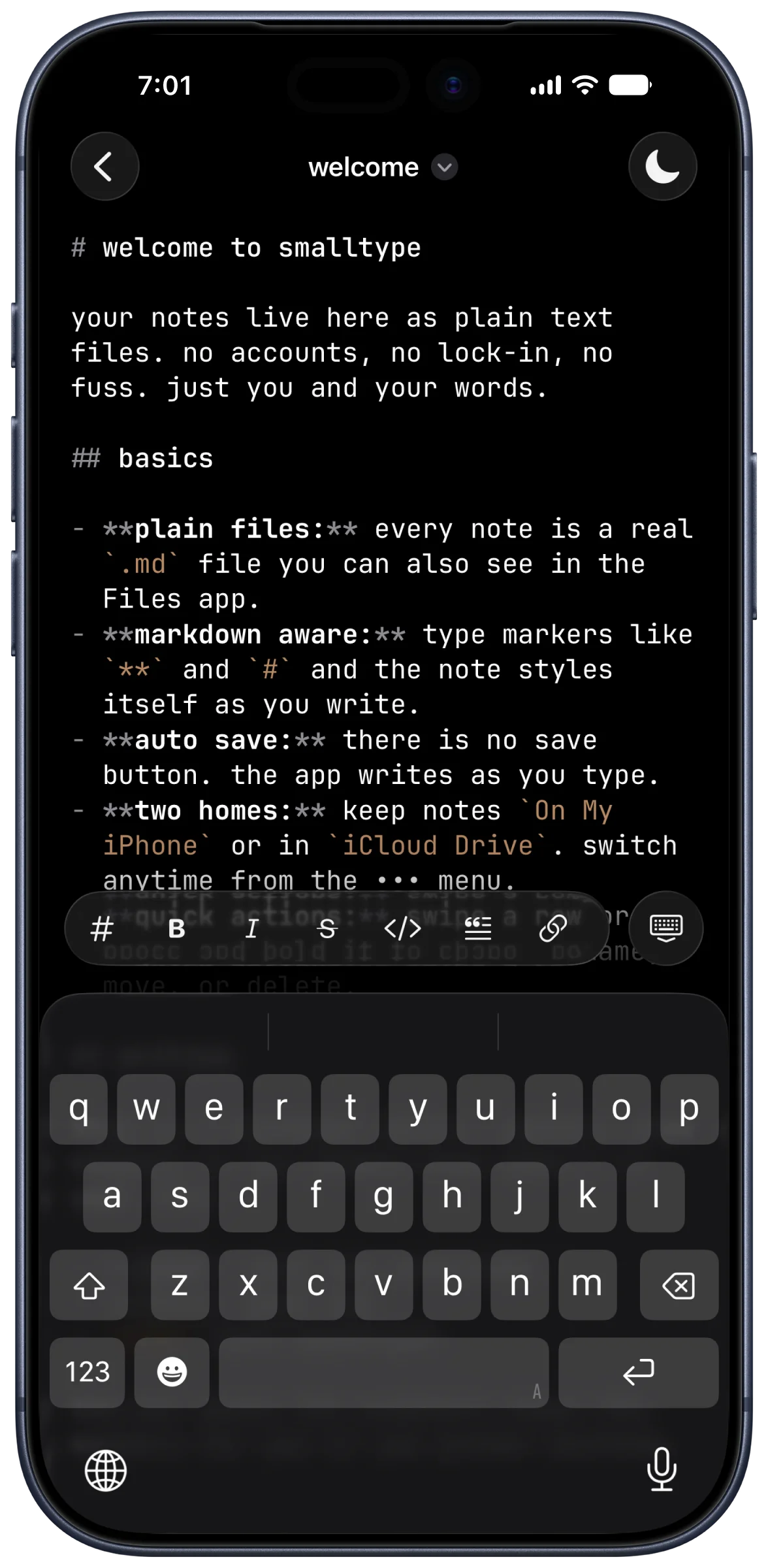 smalltype on iPhone in dark mode: a markdown note being typed in a plain, focused editor