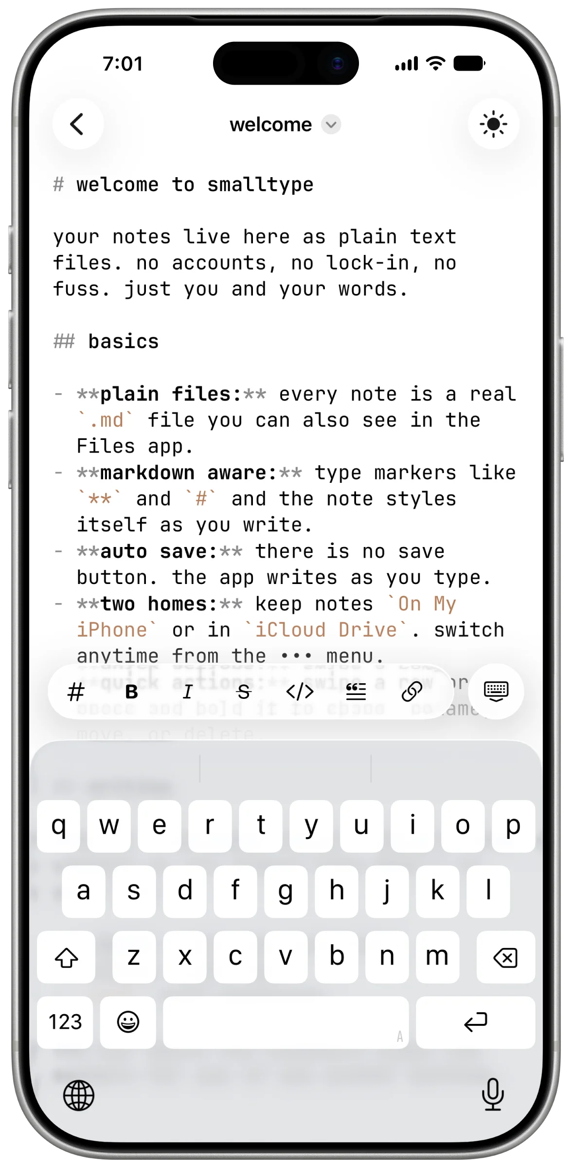smalltype on iPhone: a markdown note being typed in a plain, focused editor